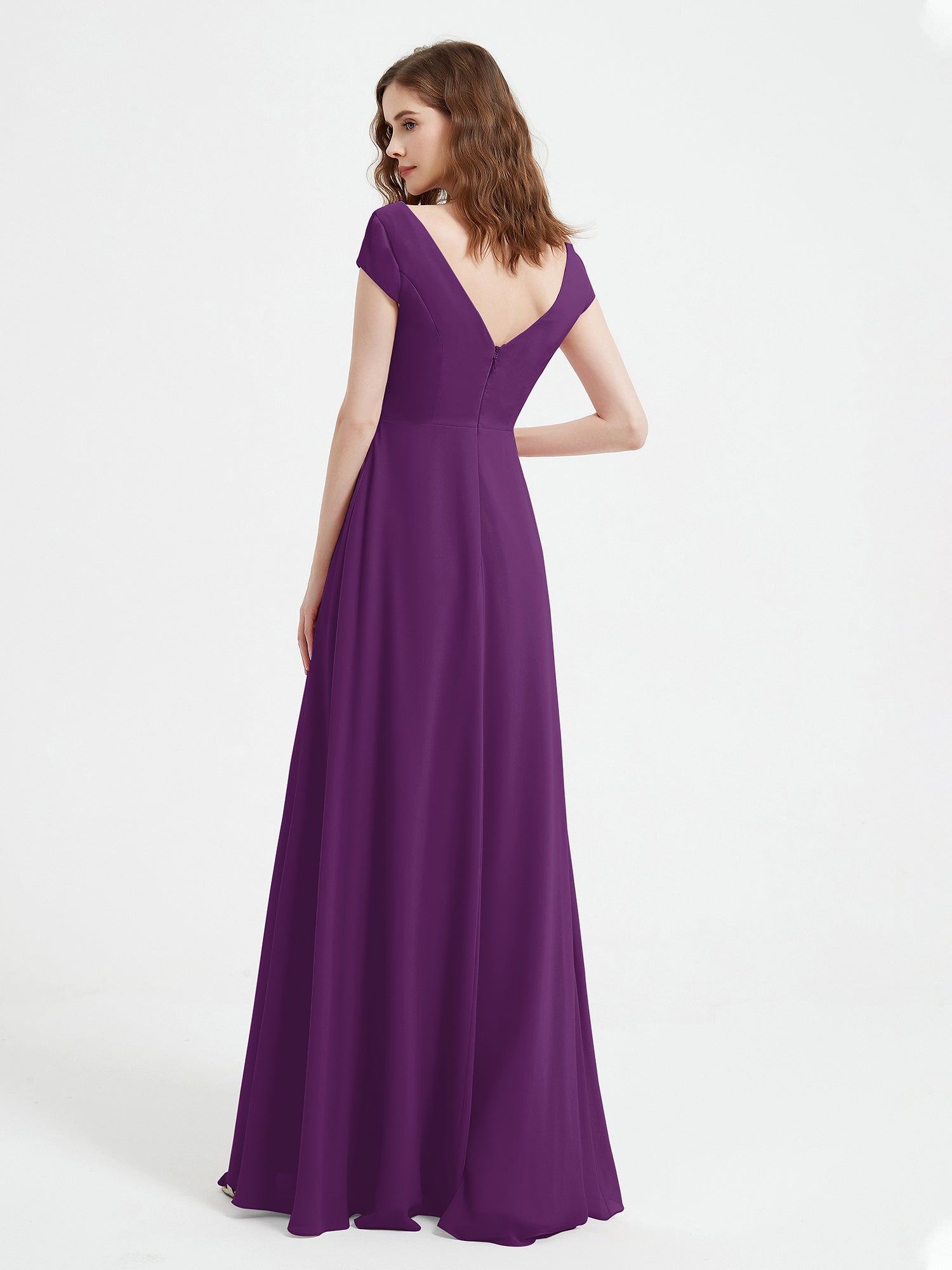 A-line V-neck Chiffon Ruched Floor-length Dress Grape